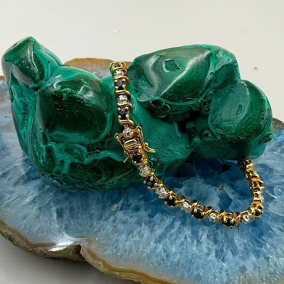 7 1/2” 12KGoldOver Sterling Silver(925) Midnight Blue Sapphire&Diamond Bracelet - Picture 2 of 6